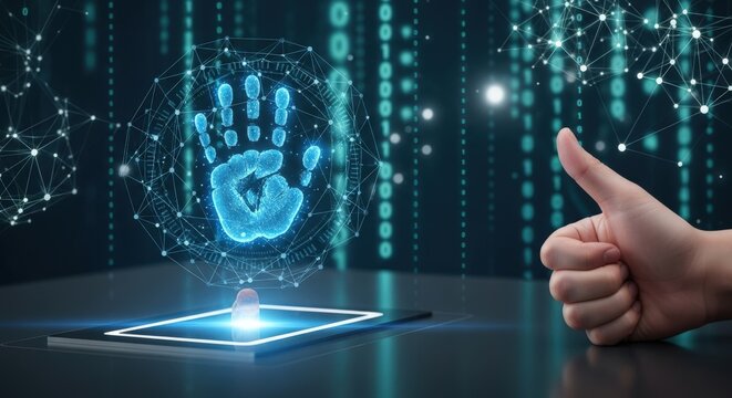 Biometric hand scan on digital tablet, cybersecurity fingerprint authentication, futuristic data protection and identity verification