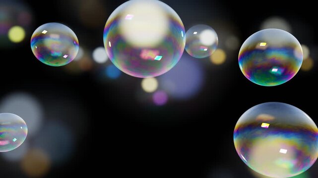 Iridescent soap bubbles floating on black background, seamless loop overlay with rainbow thin film colors and soft bokeh