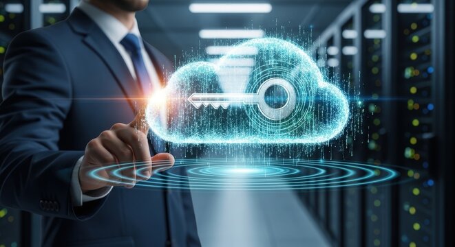 Cloud security technology concept, digital key icon over server room background, businessman touching virtual data protection interface