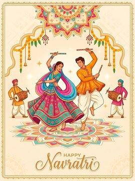 Happy navratri celebration with traditional garba dance and musicians