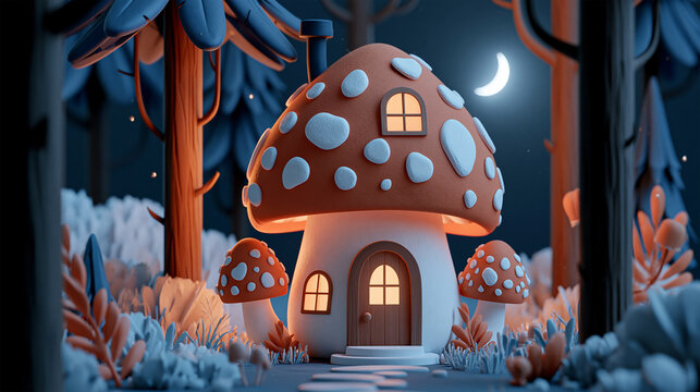 Whimsical mushroom shaped fairy house glowing under a full moon in an enchanted nighttime forest, magical fantasy cottage surrounded by colorful toadstools and tiny lights