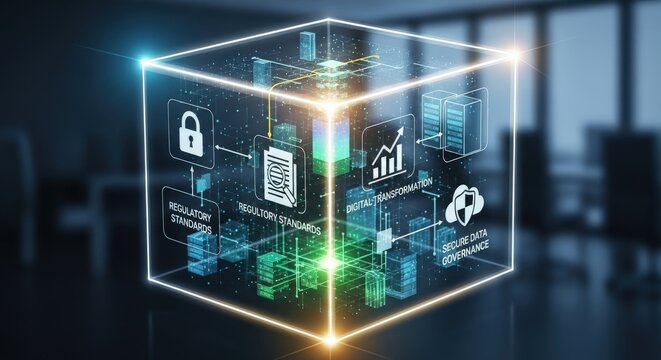 Cybersecurity data governance cube, digital information security technology, regulatory standards and cloud storage protection concept