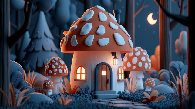 Whimsical mushroom shaped fairy house glowing under a full moon in an enchanted nighttime forest, magical fantasy cottage surrounded by colorful toadstools and tiny lights
