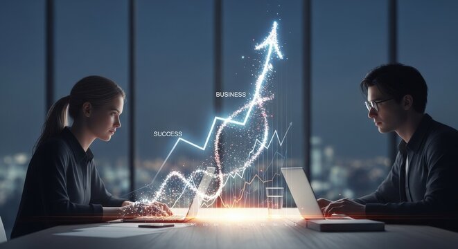 Futuristic business growth graph with glowing arrow. Professionals working on laptops in office. Success and financial data visualization.