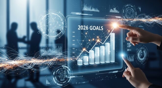 2026 Goals business growth chart with digital interface. Corporate financial planning and data analysis. Futuristic technology strategy.