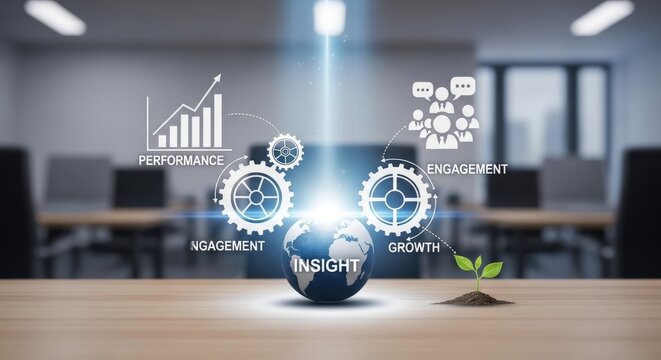 Global business insight and performance icons, digital growth and engagement concept, futuristic corporate strategy visualization