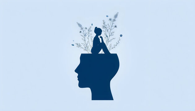 Silhouette of woman in head with flowers for mental health awareness and wellness concept.