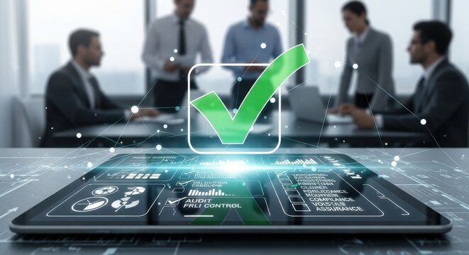 Digital check mark on tablet screen in office. Business compliance and quality control concept. Verified task completion icon.