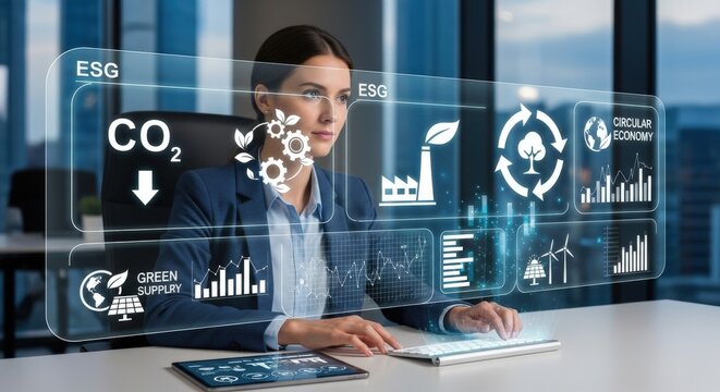 ESG business woman working with digital interface, CO2 emission reduction and circular economy icons, green supply chain concept