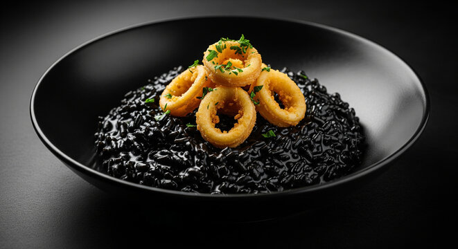 A striking black bowl featuring elegant black squid ink risotto topped with golden fried calamari rings perfect for a modern premium seafood concept