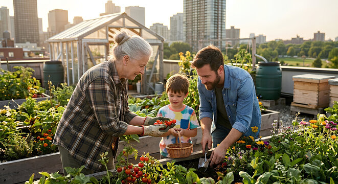 Happy multi-generational family harvesting tomatoes in an urban rooftop garden with city skylin