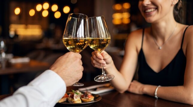 A romantic Valentine's Day date featuring a happy couple clinking white wine glasses.
