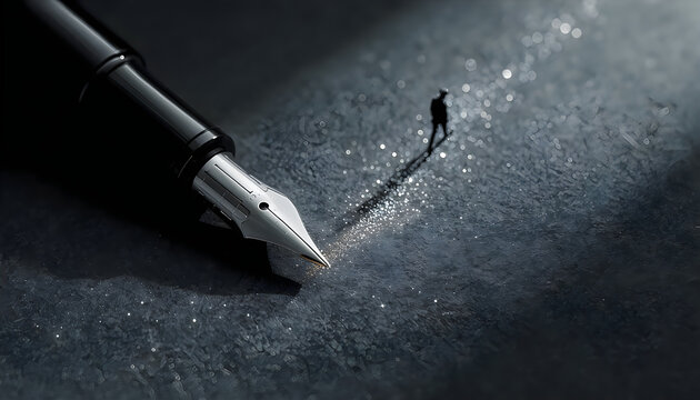 Tiny person walking path illuminated by fountain pen light symbolizing writing and creativity.