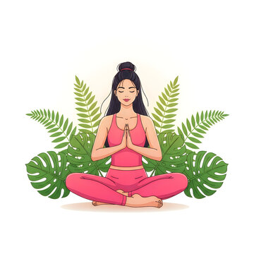 Woman meditating in lotus position with tropical green leaves on white background.