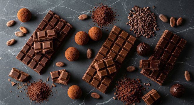 A delicious flat lay of rich chocolate bars scattered cocoa powder and truffles on a dark surface perfect for a premium artisanal dessert indulgence concept