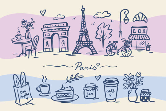 Paris Travel Doodle Set Illustration