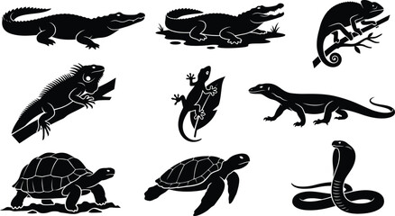 Fototapeta premium Reptile and Amphibian Silhouette Collection Featuring Crocodile, Chameleon, Lizard, Turtle and Cobra in Various Natural Poses on White Background