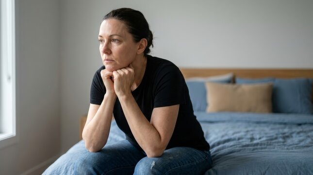 A thoughtful middle-aged woman rests her chin on her hands while sitting on a bed.