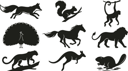 Naklejka premium Wild animal silhouette collection featuring fox, squirrel, monkey, peacock, horse, lion, cougar, kangaroo and beaver in dynamic black vector designs isolated on white.