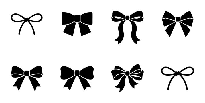 Black ribbon bow silhouettes, 8 decorative gift bow icons, elegant knot vector set for packaging