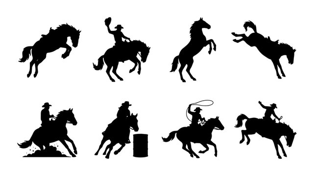 Rodeo cowboy silhouettes, horse riding vector icons, western equestrian sports, 8 black elements