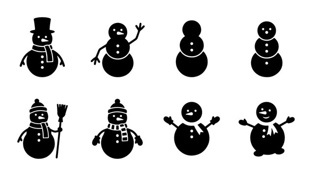 Snowman silhouette icon set, 8 winter character vectors, black holiday frost figures for design