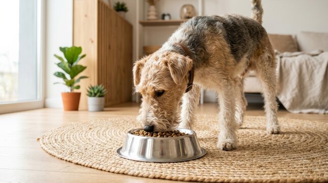 Wirehaired fox terrier dog feeding on pet food from a bowl atop a circular rattan rug.