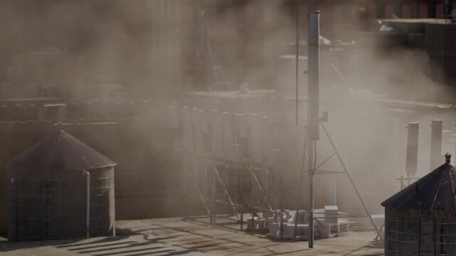 Thick steam rises from various rooftops in a bustling city at dawn. Buildings surround the area as morning light begins to break. People may start their day soon.