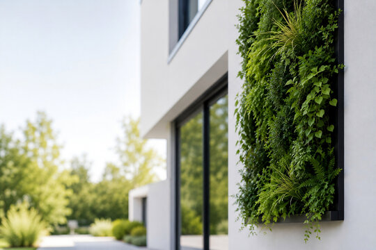 Vertikale Fassadenbegr&uuml;nung an modernem Wohnhaus mit gro&szlig;en Fenstern