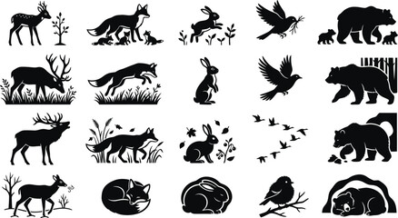 Obraz premium Wildlife animal silhouette collection featuring deer, fox, rabbit, birds, bears and forest creatures isolated on white background for nature design clipart illustration