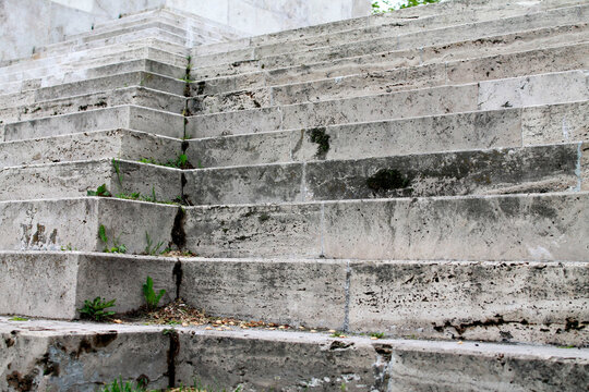 Old cracked concrete staircase in Budapest with moss and green vegetation growing in spring