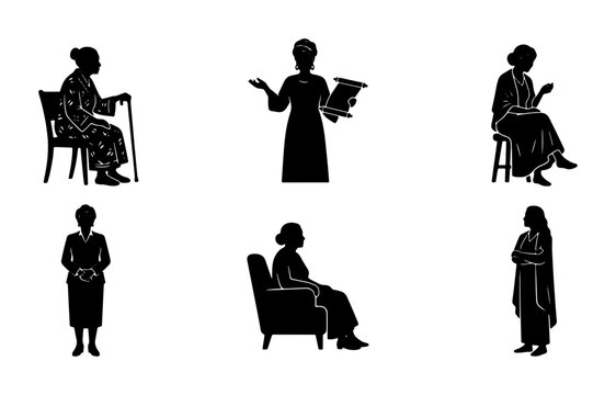 Vintage silhouette set of elderly women, 6 vector icons of senior ladies in classic poses, black and white grandmother figures