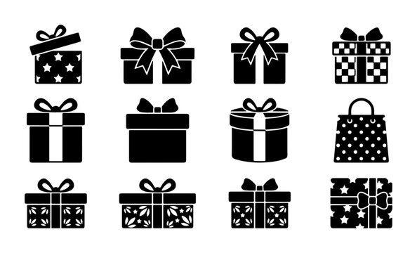 Minimalist gift box icons, black silhouette present set of 12 vectors, holiday celebration and surprise package symbols