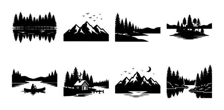 Vintage mountain landscape icons, 8 black and white nature silhouettes. Rustic wilderness scenery set with pine forests and lake reflections.
