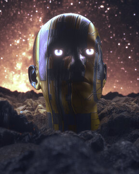 Golden Robot Head Emerging From Dark Ground Against Glowing Nebula Starry Sky