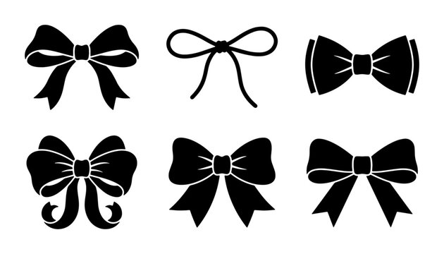 Black ribbon bow silhouettes, set of 6 decorative gift knots, elegant satin bow vector icons for wedding invitations and holiday packaging
