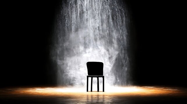 Surreal composition of a single black chair centered under a waterfall of light in a dark void