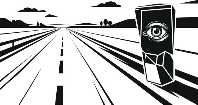 Speed camera monitor on highway road with eye symbol design for surveillance technology.