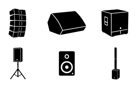 Professional audio speaker icons. Set of 6 black silhouette stage monitors and line array vectors. Live sound equipment for concerts.