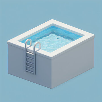 Isometric 3D render of a modern swimming pool with clear blue water and steel ladder