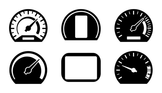 Minimalist car speedometer icons, black automotive dashboard gauge set, 6 vector speed indicators for vehicle interface design