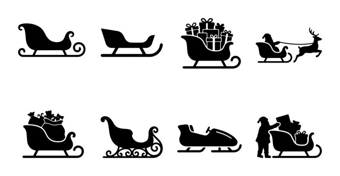Christmas Santa sleigh silhouette collection, 8 holiday sled vector icons, winter reindeer and gift transport set for festive designs