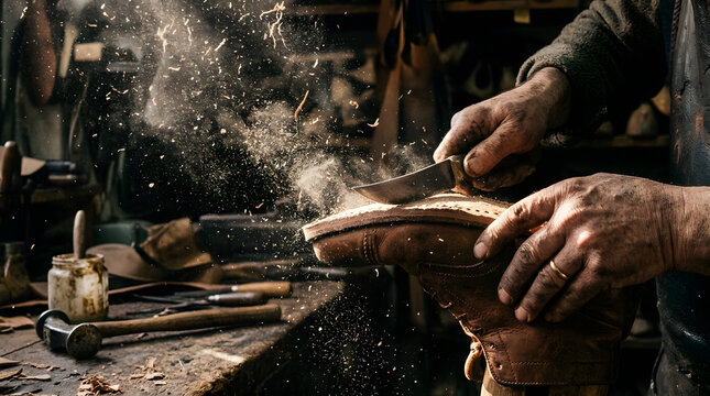 Leather dust drifting in backlit workshop air near a working cobbler