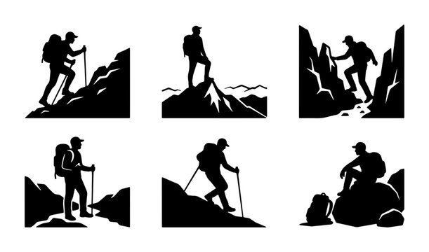 Mountain hiker silhouettes, set of 6 climbing icons. Outdoor adventure trekking graphics, black and white mountaineering vector set.
