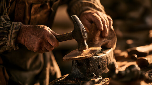 A cobbler's weathered hands hammering a leather sole on an iron shoe last, warm workshop light