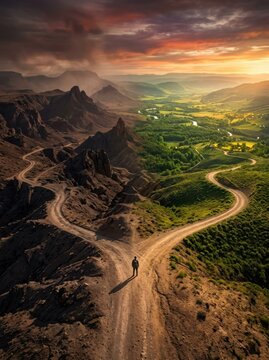 Person standing at a fork in the road choosing between desert and green valley paths