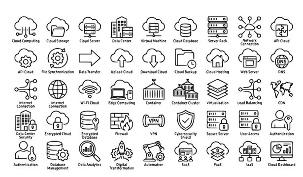 Cloud Computing Infrastructure and Cloud Services Thin Line Icon Set