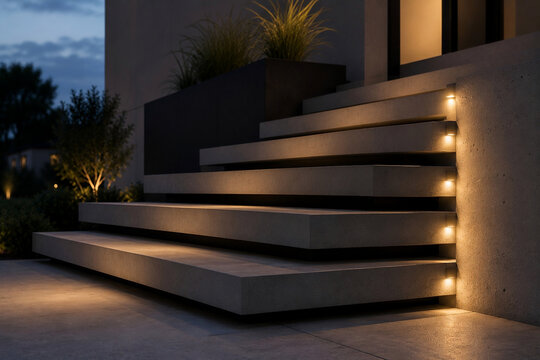 Moderne Betontreppe mit integrierter Beleuchtung am Hauseingang