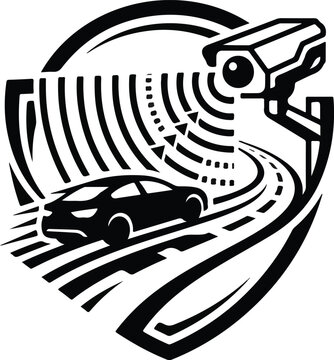 Speed camera monitoring moving car icon black and white vector for traffic safety systems.