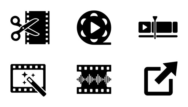 Video editing icon set, 6 black minimalist film production symbols, cinema post-production vector graphics, movie software UI elements